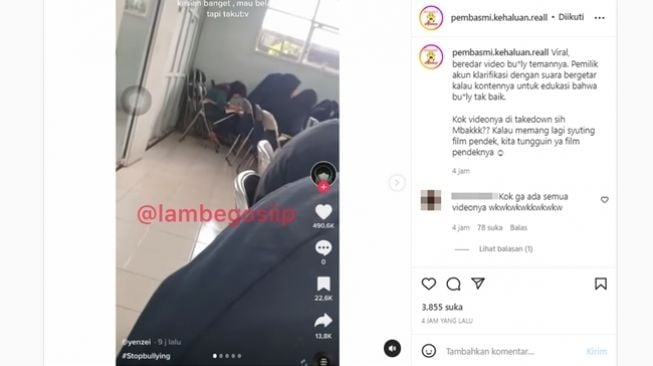 Viral video diduga bullying oleh mahasiswa, kini diklarifikasi cuma untuk film pendek tetapi video malah dihapus. (Instagram/@pembasmi.kehaluan.reall)