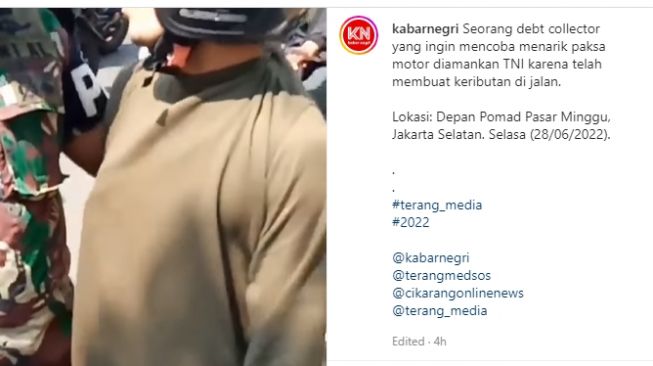 Sosok debt collector gagal melancarkan aksinya karena munculnya sosok pria berseragam TNI (Instagram)