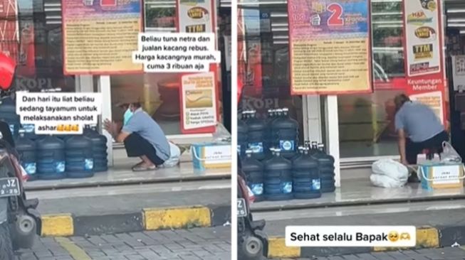 Pria Tunanetra Penjual Kacang Rebus Terekam Tayamum dan Salat di Teras Minimarket, Publik Ikut Terenyuh