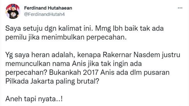 Ferdinand Hutahaean menyindir soal pernyataan Surya Paloh. [Twitter]