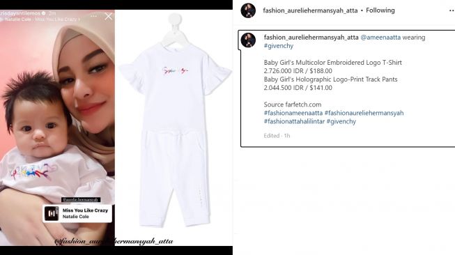 Gaya Ameena Atta kenakan satu set pakaian berwarna putih dengan model simpel namun harganya hampir Rp5 juta (Instagram/fashion_aureliehermasnyah_atta)