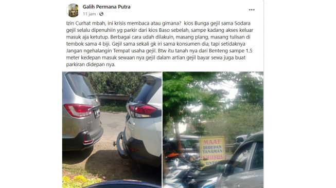 Curhat pemilik kios bunga kalau lahan parkir diserobot para pembeli bakso yang berada di dekatnya (Facebook)