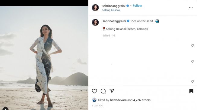 Foto: Sabrina Anggraini Pakai Dress Etnik ke Pantai, Penampilannya Nggak Kalah Cantik dengan Sunraise (instagram/sabrinaanggraini)