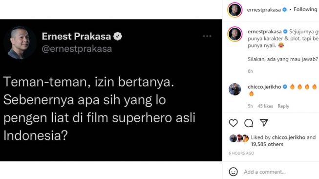 Ernest Prakasa ingin menggarap film bertema superhero. [Instagram]
