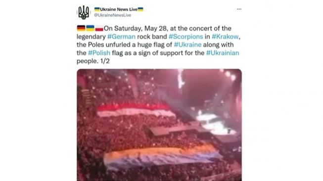 Tangkapan layar artikel yang benar, yakni bendera Polandia dan Ukraina yang dibentangkan di konser musik band Scorpion di Polandia pada 28 Mei 2022. (Turnbackhoax.id)