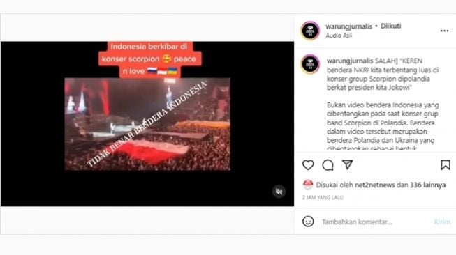 Akun Instagram @warungjurnalis melabeli video dengan narasi bendera Indonesia dikibarkan di konser musik band Scorpion di Polandia sebagai hal yang kurang tepat. (Instagram/@warungjurnalis)