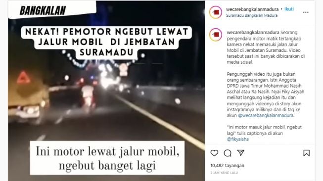 Viral Pengendara Motor Ngebut Lewat Jalur Mobil di Jembatan Suramadu