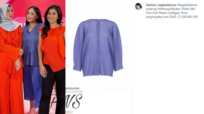 Nagita Slavina kenakan cardigan ungu dengan harga Rp5 juta, buat warganet penasaran dengan harga celananya (Instagram/fashion_nagitaslavina)