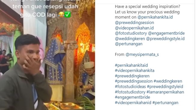 Kurir antar paket kepada penerima yang sedang gelar resepsi pernikahan (Instagram/ @pernikahankita.id).