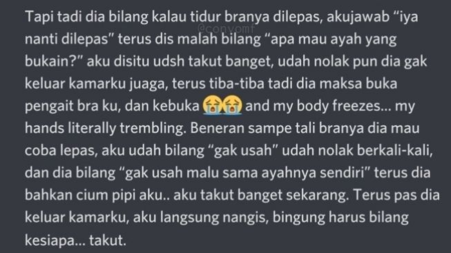 Viral curhatan dipaksa cium pipi hingga dilecehkan oleh ayah angkat sendiri. (Twitter/@convomf)