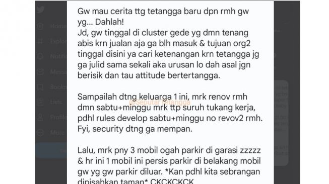 Tetangga yang tak tahu diri, parkir mobil seenak jidat padahal punya garasi (Twitter)