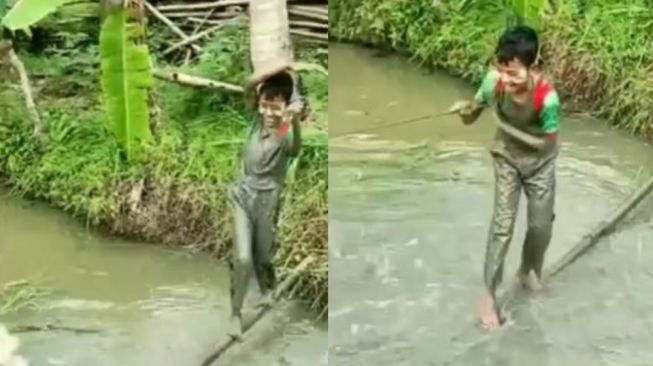 Gaya Jatuh Bocil Laki-laki dari Lintasan Bambu Bikin Ketawa Ngakak: Slowmo