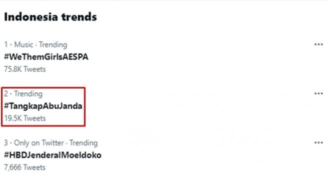 Trending topic #TangkapAbuJanda imbas video editan komentar Anies Baswedan soal ACT. (Twitter)