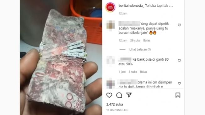 Viral segepok uang Rp100.000 hancur lebur hingga bisa disusun bak puzzle. (Instagram/@beritaindonesia_)