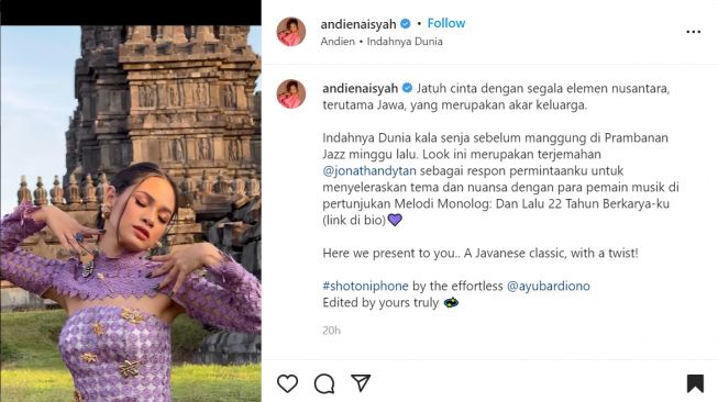 Foto: Ikut Memeriahkan Panggung Prambanan Jazz, Begini Anggunnya Andien Pakai Kebaya Nuansa Ungu (instagram/andienaisyah)