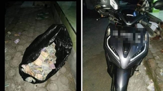 Foto hasil curian dan sepeda motor yang ditinggalkan maling kotak amal usai kepergok warga. (Twitter/@jawafess)