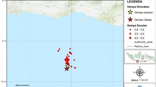 Gempa kuat di Selatan Jawa Timur. [Twitter/@DaryonoBMKG]