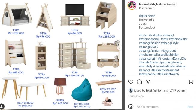 Intip barang-barang untuk playground milik Baby L, yang harganya buat warganet menjadi salah fokus (Instagram/leslaralfatih_fashion)