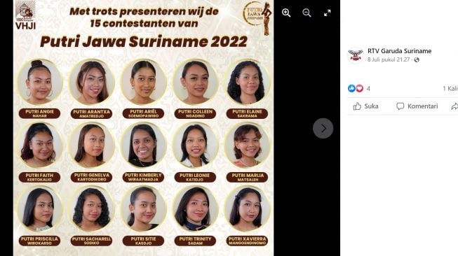 Viral sebuah kontes bernama Putri Jawa Suriname tahun 2022, nama dari para pesertanya berhasil jadi sorotan (Facebook/PutriJawaSuriname)