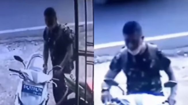 Berseragam Loreng, Seorang Oknum TNI Gadungan Terekam CCTV Maling Sepeda Motor