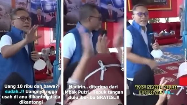 Menteri Perdagangan Zulkifli Hasan bagi-bagi minyak goreng gratis sambil kampanyekan anak, Futri Zulya Savitri, di Bandar Lampung. (Instagram/@majeliskopi08)