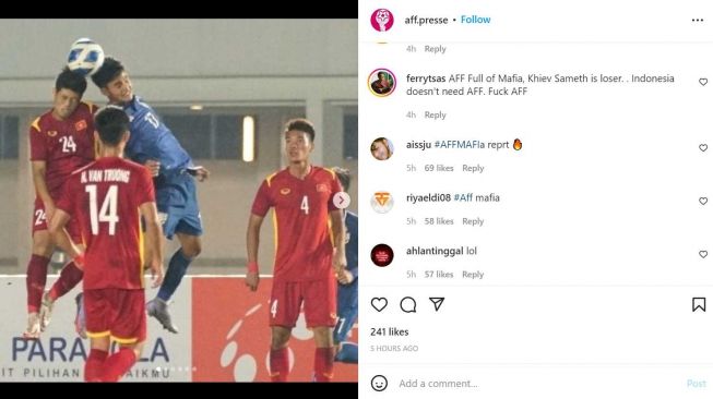Warganet menyerbu akun instagram AFF, @aff.presse setelah timnas Indonesia U-19 tersingkir dari Piala AFF U-19 2022. [Instagram/@aff.presse]
