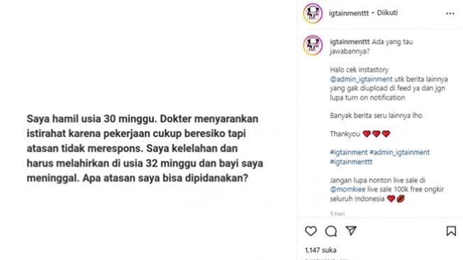 Ibu hamil berencana memidanakan atasan usai bayinya terlahir prematur dan berakhir meninggal dunia akibat ia kelelahan bekerja (Instagram/@igtainmenttt)