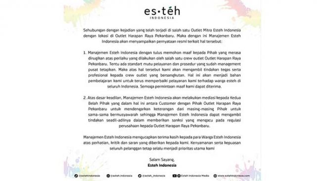 Esteh Indonesia Minta Maaf, Buntut Perlakuan Kasar Karyawati ke Pembeli di Outlet Pekanbaru