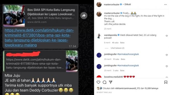 Deddy Corbuzier mengabarkan soal predator seks Julianto Eka Putra yang sudah dijebloskan ke penjara. [Instagram]