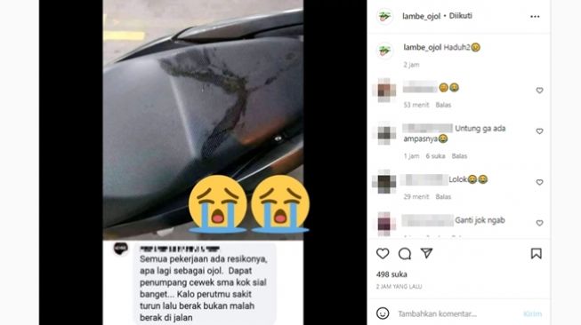 Driver ojek online curhat mendapat penumpang diduga buang air di atas jok sepeda motor. (Instagram/@lambe_ojol)