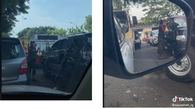 Penjual tahu keliling di perempatan lampu merah senang bukan main karena ulah pemobil (TikTok)