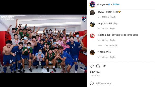Warganet menyerbu akun instagram timnas Thailand, @changsuek setelah timnas Indonesia U-19 tersingkir dari Piala AFF U-19 2022. [Instagram/@changsuek]
