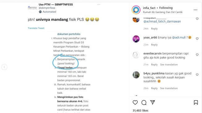 Syarat masuk jurusan perbankan di UB harus good looking (Instagram/ @infia_fact).