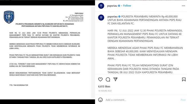 Unggahan akun Instagram PSPS Pekanbaru yang mengklaim dimintai uang keamanan Rp40 juta oleh Polresta Pekanbaru untuk laga uji coba kontra tim Malaysia Kelantan FC. [Instagram/@pspsriau]