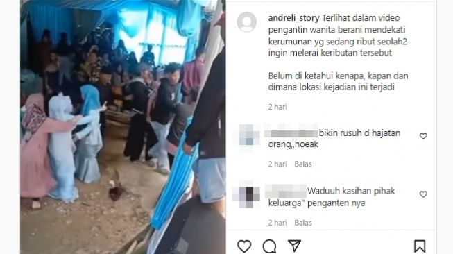 Terjadi kerusuhan di dekat pelaminan pernikahan sampai pengantin perempuan turun tangan seolah berusaha melerai. (Instagram/@andreli_story)