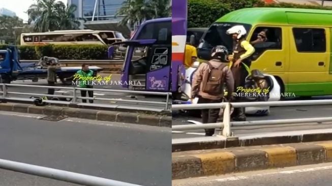 Moge polisi tersangkut di kolong bus usai terlibat kecelakaan (Instagram)