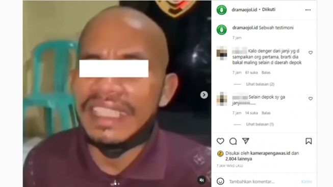 Pelaku pencurian menyampaikan testimoni soal petugas polisi yang menangkap mereka. (Instagram/@dramaojol.id)