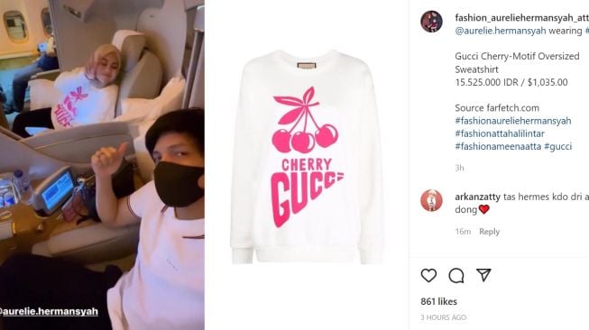 Intip gaya Aurel Hermansyah ketika berangkat ke Italia kenakan sweater dari Gucci, namun dibandingkan dengan harga beras (Instagram/fashion_aureliehermansyah_atta)