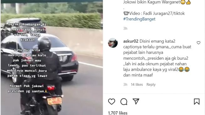 Rombongan Presiden Jokowi melintas di jalan tanpa membunyikan sirine dan klakson (Instagram)