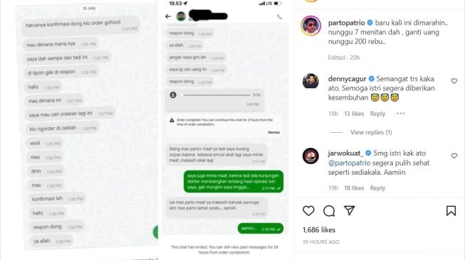 Parto Patrio diomelin ojol gegara tak balas pesan saat memesan makanan (Instagram)