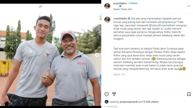 Rizky Ridho disebut sebagai pemain timnas Indonesia paling konsisten. (Instagram/coachfakhri)