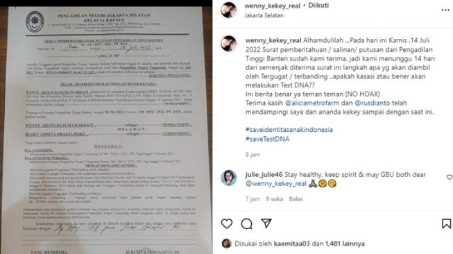 Wenny Ariani menunggah salinan putusan Pengadilan Tinggi Banten soal putrinya, yang merupakan anak biologis dari Rezky Aditya. [Instagram]