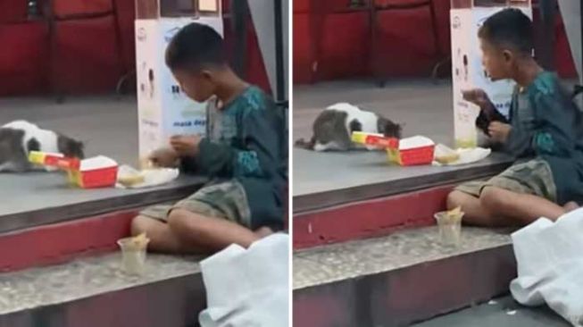 Anak Jalanan Makan Bareng Kucing di Depan Restoran Siap Saji: Liat Ginian Jadi Mewek