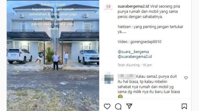 Sepasang sahabat sejak kecil mempunyai rumah dan mobil yang sama persis. (Instagram/@suarabergema2.id)