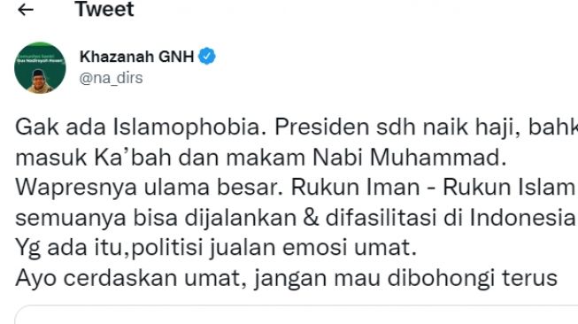 Cuitan komunitas NU muda soal Gerakan Nasional Anti Islamophobia (GNAI) (Twitter/ @na_dirs).