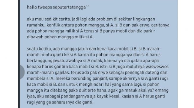 Konflik pemilik pohon mangga dan pengguna mobil yang parkir sembarangan (Twitter)