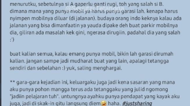 Konflik pemilik pohon mangga dan pengguna mobil yang parkir sembarangan (Twitter)