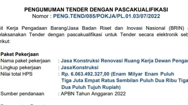 Surat BRIN terkait pengumuman tender dengan pascakualifikasi. (Tangkap layar situs LPSE BRIN)