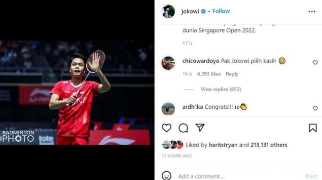 Pebulu tangkis tunggal putra Indonesia, Chico Aura Dwi Wardoyo menyebut "Pak Jokowi pilih kasih" di kolom komentar unggahan Instagram orang nomor satu Indonesia itu. [Tangkapan layar/@Jokowi]