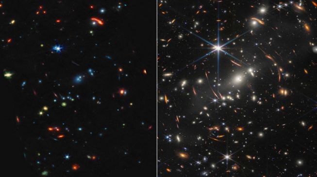 Gambar perbandingan hasil jepretan Teleskop Luar Angkasa James Webb (JWST) yang menunjukkan gmbar alam semesta dengan menggunakan metode panjang gelombang cahaya dan dengan infrared yang diterjemahkan kedalam warna, dirilis NASA pada Selasa (12/7/2022). [NASA / ESA / Webb / AFP] 